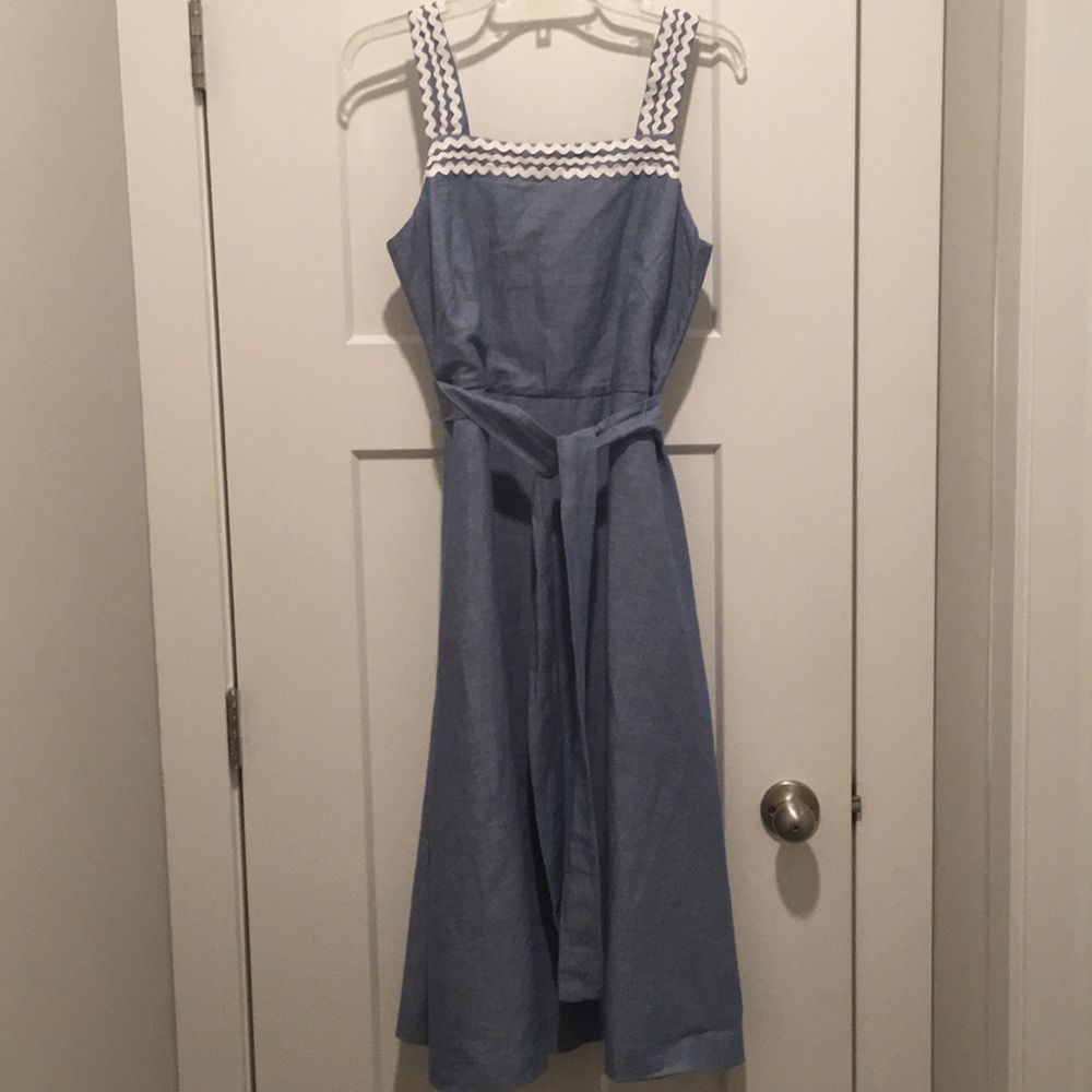 Wavy Trim Chambray Midi Dress ,size-4,Linen/Cotton